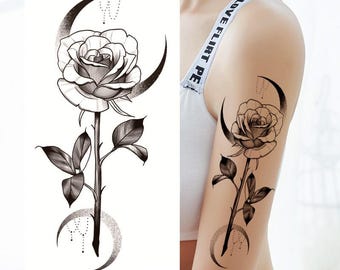 Crescent Moon Flower Rose Thorns Temporary Tattoos Rose with Thorns Flowers Hand Drawn Sketch Floral Design Waist Arm Leg Body Tattoos FSF6