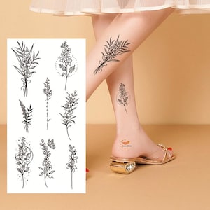 Tatuagens temporárias de flores pretas, lua crescente, margarida, hibisco, lírio, flores, folha, desenho à mão, desenho floral, cintura, braço, perna, tatuagens FSF6