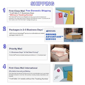 Puede incluir: Imagen que detalla las opciones de env&iacute;o, incluyendo First-Class Mail, paquetes en 2-5 d&iacute;as h&aacute;biles, Priority Mail y First-Class Mail International. La imagen incluye texto y ejemplos de sobres y paquetes.