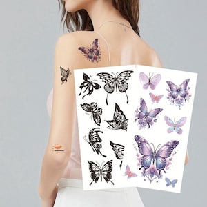 Tatuagens temporárias de borboletas, borboletas pretas coloridas, esboço desenhado à mão, design floral, cintura, braço, perna, tatuagem FSF6
