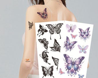 Butterfly Temporary Tattoos Black Colorful Butterfles Hand Drawn Sketch Floral Design Waist Arm Leg Tattoo FSF6