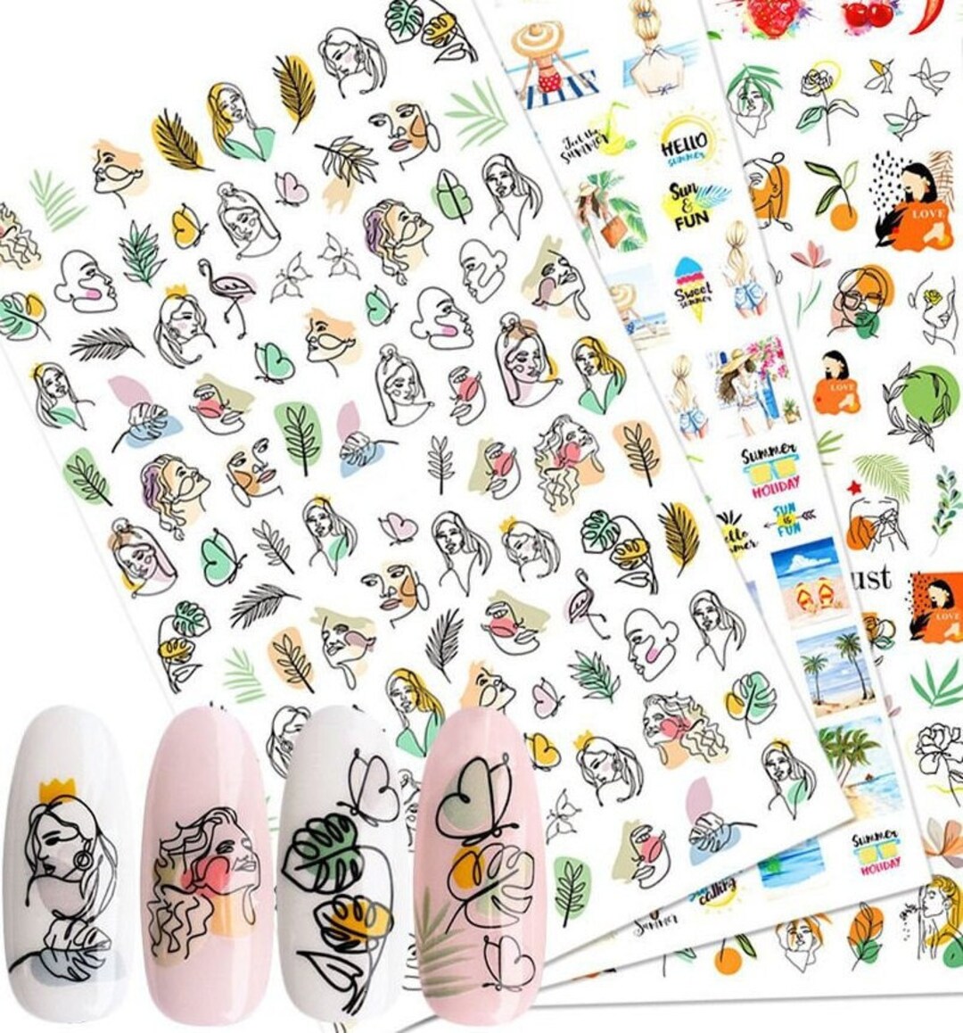 Abstract Line Faces Nail Art Stickers Women Doodle Face Minimalist Nail