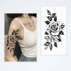 Rose Flowers Body Tattoos Black Floral Hand Drawing Peony Sketch Flowers Leaf Waist Arm Leg Temporary Tattoos BSK4