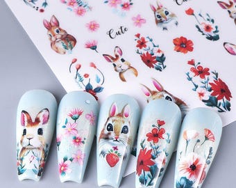 Stickers pour ongles Lapins Fleurs Lapins mignons Fleur Coquelicot Protea Oeillet Feuille Stickers FSeries