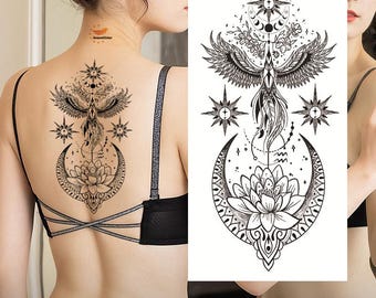Tatuajes temporales de mandala de águila, mandala de loto, fases lunares y estrellas. Mandala Nava Padma, boceto dibujado a mano, diseño floral, tatuajes para cintura, brazo y pierna (FSF6).