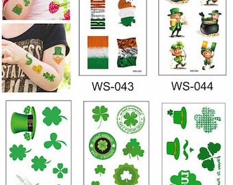 Set di 5 tatuaggi temporanei per il giorno di San Patrizio, trifoglio, folletto, birra, bandiera dorata, corpo, vita, braccio, collo, WSSeries