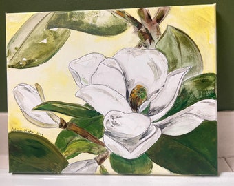 Magnolia Flower Acrylic Watercolor Painting on Canvas, FREE Shipping