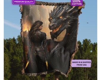 Dragon Fantasy Woven Throw Blanket Bookish Merch - Reader Gift Ideas Reading Blanket
