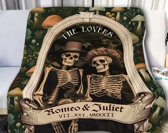 The Lovers Couple Skeleton Fleece Blanket - Goth Wedding Blanket, Witchy Decor Bedroom, Roman Numeral Anniversary Blanket