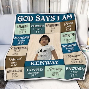 Gepersonaliseerde God Says I Am sherpa fleecedeken, bijbelvers inspirerend cadeau voor zoon, kleinzoon, neef en peetzoon