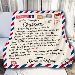 Manta con carta de amor personalizada para nuestra hija, regalo de cumpleaños número 21 para ella, regalo de graduación universitaria para hija, regalo de mudanza
