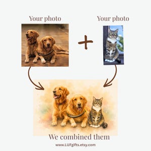 May include: A digital composite illustration showing two golden retriever dogs and a tabby cat combined into a single watercolour-style portrait. The text "Your photo" appears above the source images, and "We combined them" is below the final art.