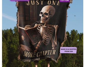 Just One More Chapter Skeleton Woven Throw Blanket - Withcy Decor Bedroom, Smut Bookish Merch