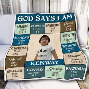 Personalized God Says I Am Sherpa Fleece Blanket, Bible Verse Inspirational Gift For Son, Grandson, Nephew and Godson
