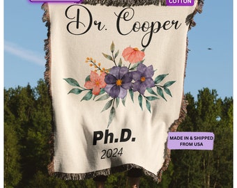 PhD Graduation Gifts For Her - Personalized Woven Throw Blanket, Doctorate Gift Woven Tapestry