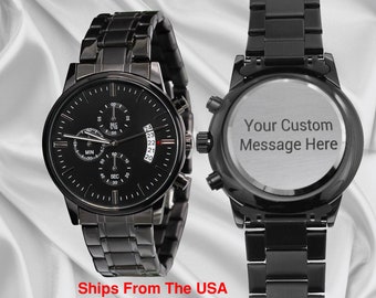 Reloj para hombre grabado personalizado, Regalo de aniversario para marido, Reloj para novio, Regalo de Navidad para él, Reloj para papá, Reloj negro para hijo