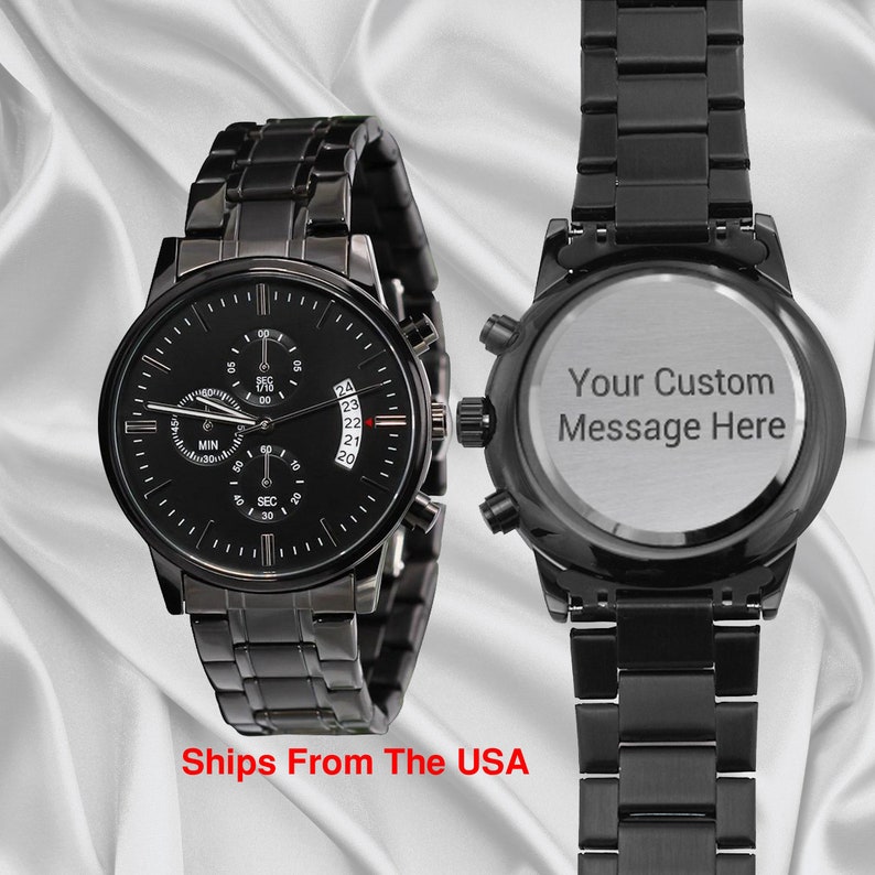 Custom Engraved Mens Watch, Anniversary Gift For Husband, Watch For Boyfriend, Christmas Gift For Him, Dad Watch, Black Watch For Son image 1