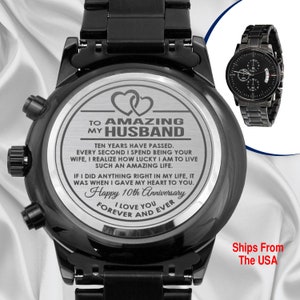 10 Year Anniversary Gift For Husband, 10th Anniversary Gifts For Him, Black Wrist Watch, Wedding Anniversary Gift, From Wife Gift  HA101