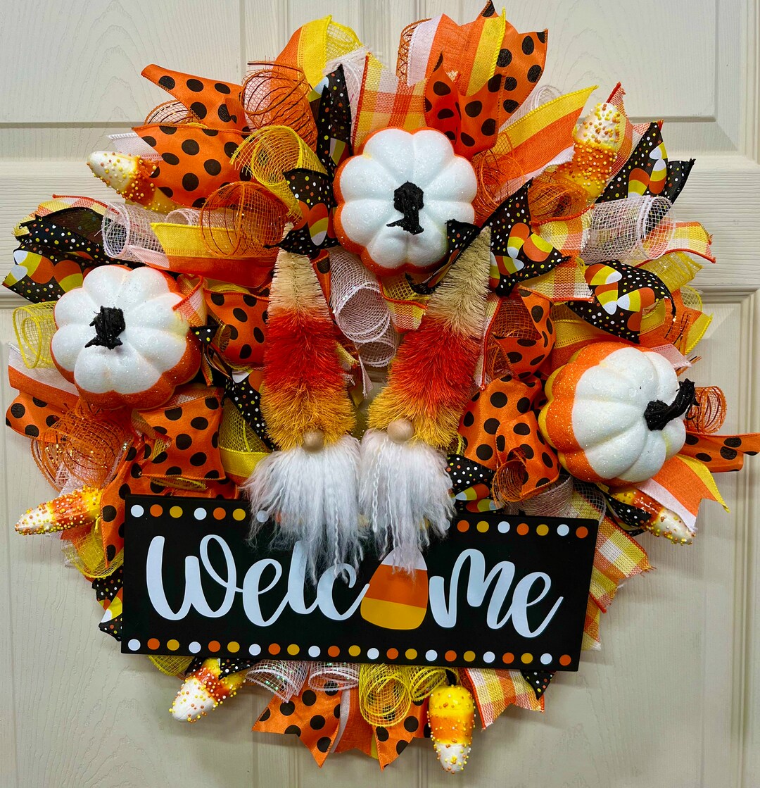 Candy Corn Gnome Halloween Deco Mesh Wreath | Welcome Wreath ...