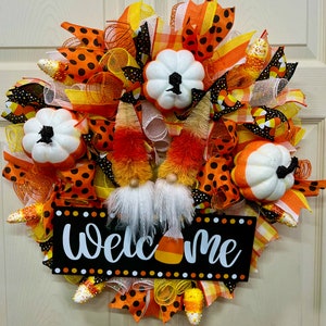 Candy Corn Gnome Halloween Deco Mesh Wreath | Welcome Wreath | Halloween Wreath | Door Wreaths | Gnome Wreaths | Seasonal Wreaths