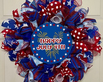 Happy July 4th Patriotic Deco Mesh Wreath | Independence Day | Patriotic Wreath | 4th of July Wreath | Red White and Blue Wreath