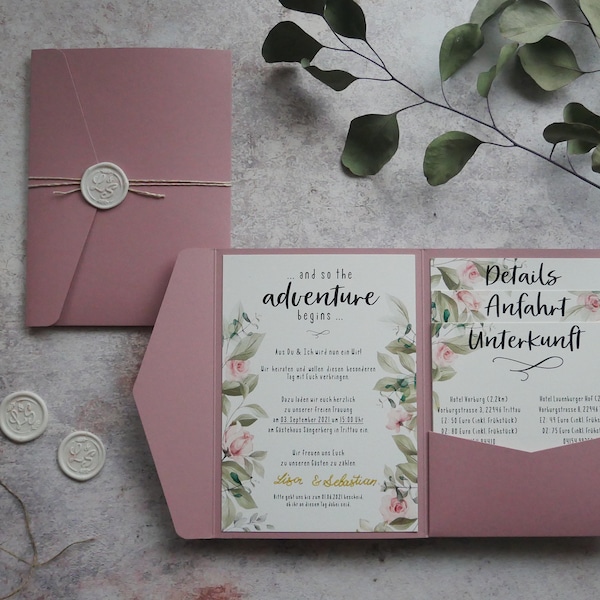 Pocketfold Einladungskarten "Greenery-Rose" Personalisierte Hochzeitspapeterie Individuell