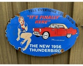 Vintage 1956 Ford Thunderbird Porcelain FOMOCO US Auto Girl Gas Oil Metal Sign Advertising Service Station Mechanic garage lubester gas pum