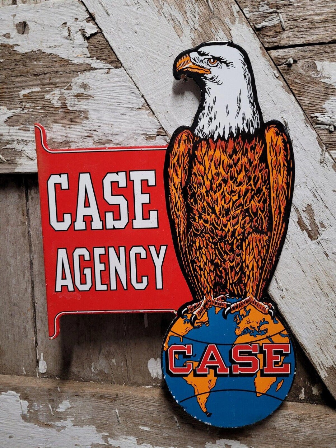 Case Agency VINTAGE PORCELAIN SIGN Gas Motor Oil Soda Beverage Forest Service Motorcycle Man