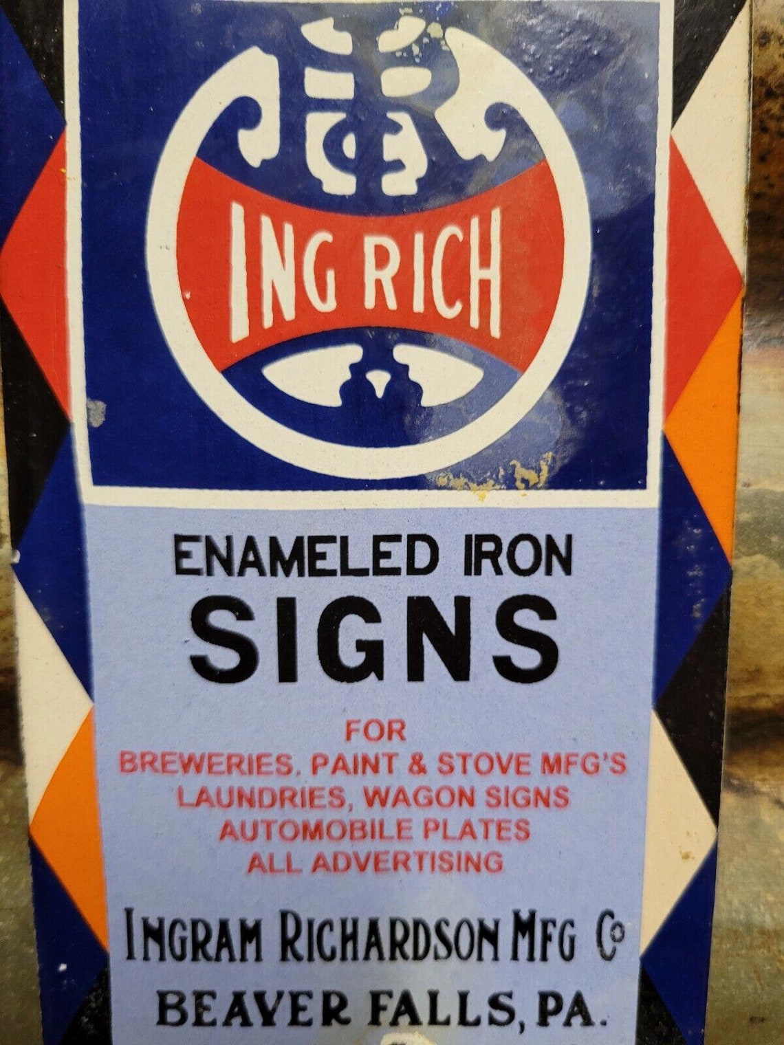 VINTAGE INGRAM RICHARDSON Porcelain Advertising Sign Gas Pump Plate ...