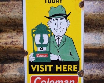 VINTAGE COLEMAN LANTERN Porcelain Advertising Sign Gas Pump Plate Motor Oil Soda Beverage Forest Service Automobile Car Truck Farm