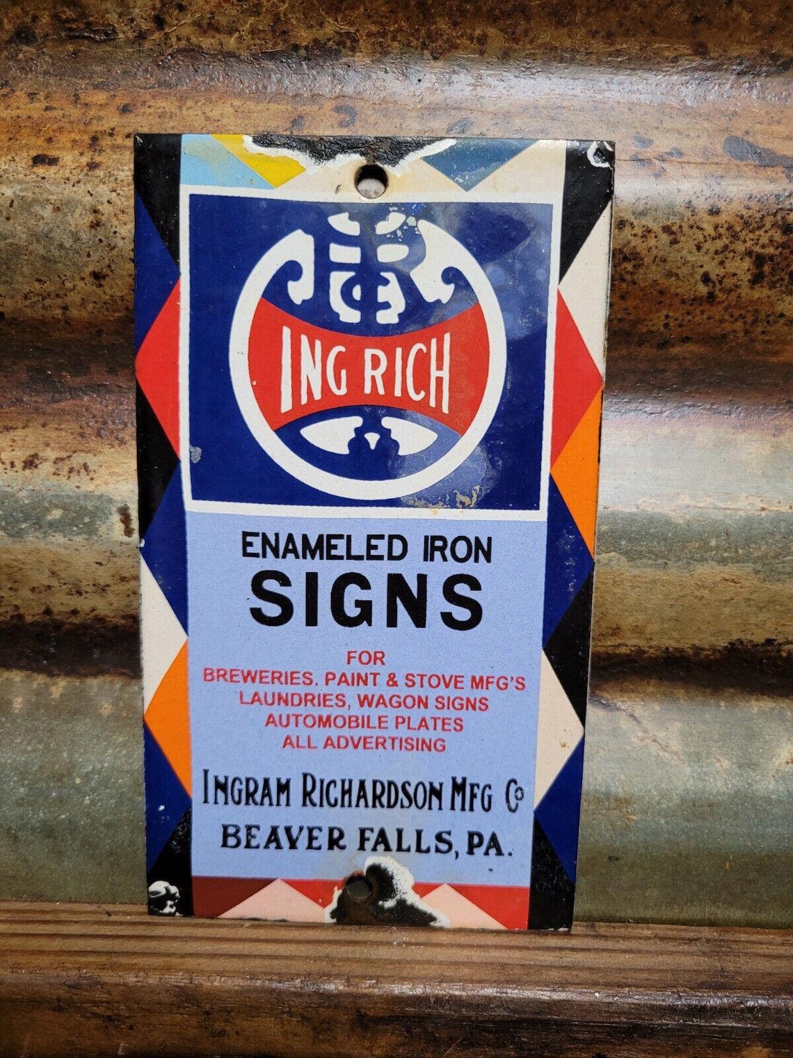 VINTAGE INGRAM RICHARDSON Porcelain Advertising Sign Gas Pump Plate ...