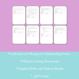 Può includere: Una raccolta di otto moduli di assistenza all'infanzia stampabili in formato PDF. I moduli sono progettati per avere un aspetto ufficiale e sono disponibili con e senza bordi.