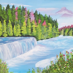 Original 20X16 in. landscape painting, Acrylic landscape painting, Scenery of mountain, trees, river, and blue sky.