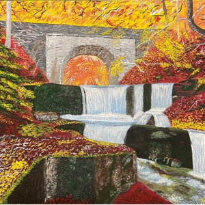 Original 20X16 in. landscape painting, Acrylic landscape painting, Scenery of waterfall, flowers, and bridge, 16X20 Inches