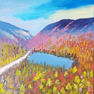 Original 20X16 in. landscape painting, Acrylic landscape painting, Scenery of mountains, autumn trees, lake, and cloudy sky.