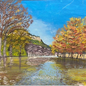 Original 20X16 in. landscape painting, Acrylic landscape painting, Scenery of mountain, trees, river, and blue sky.
