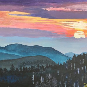 Original 20X16 in. landscape painting, Acrylic landscape painting, Scenery of sunset, mountains, and trees, 16X20 Inches
