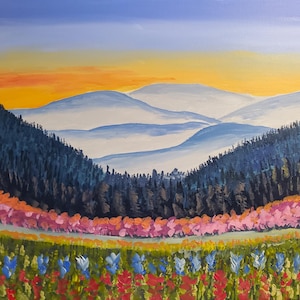 Original 18&#39;&#39;X24&#39;&#39; Acrylic landscape painting, Scenery Mountain Range, Trees, Sunset Sky, and Flowers.