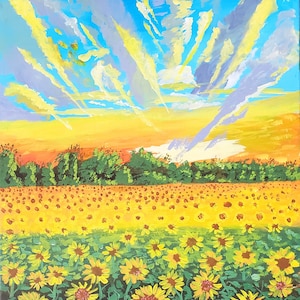 Original 20X16 in. landscape painting, Acrylic landscape painting, Scenery of sunset, mountains, and trees, 16X20 Inches