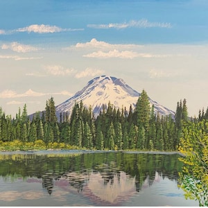 Original 16X20 in. landscape painting, Acrylic landscape painting/ Scenery of mountain, trees, lake, sky and clouds