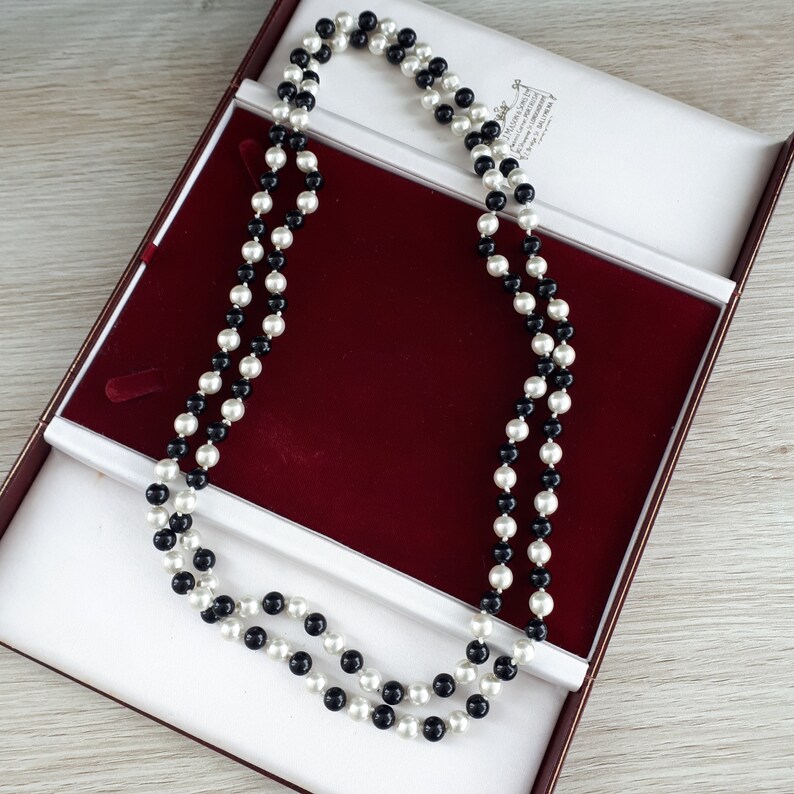 VINTAGE BEADED NECKLACE, Long Faux Pearl Glass Knotted Over the Head