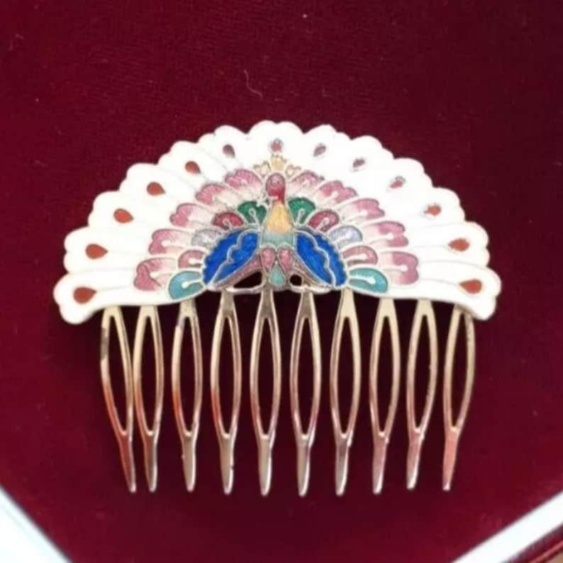 Peacock Cloisonne Hair Comb, Vintage 1970s Decorative Peacock Feathers