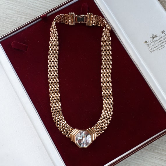 S.A.L Swarovski Vintage Necklace, Gold Toned Meta… - image 3