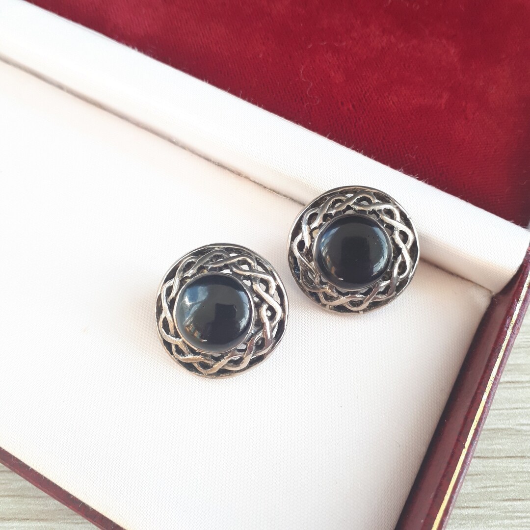 VINTAGE CLIPON EARRINGS, Decorative Dome Black Plastic & Silver Toned