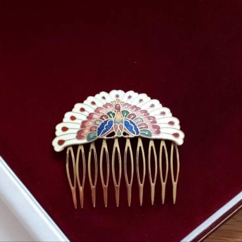 Peacock Cloisonne Hair Comb, Vintage 1970s Decorative Peacock Feathers