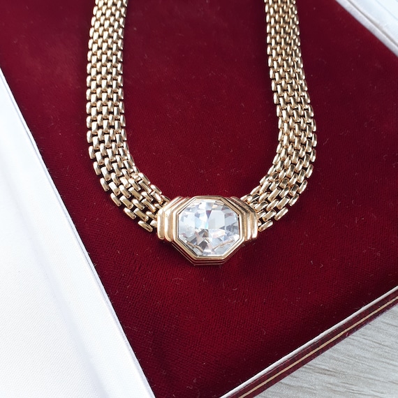 S.A.L Swarovski Vintage Necklace, Gold Toned Meta… - image 4