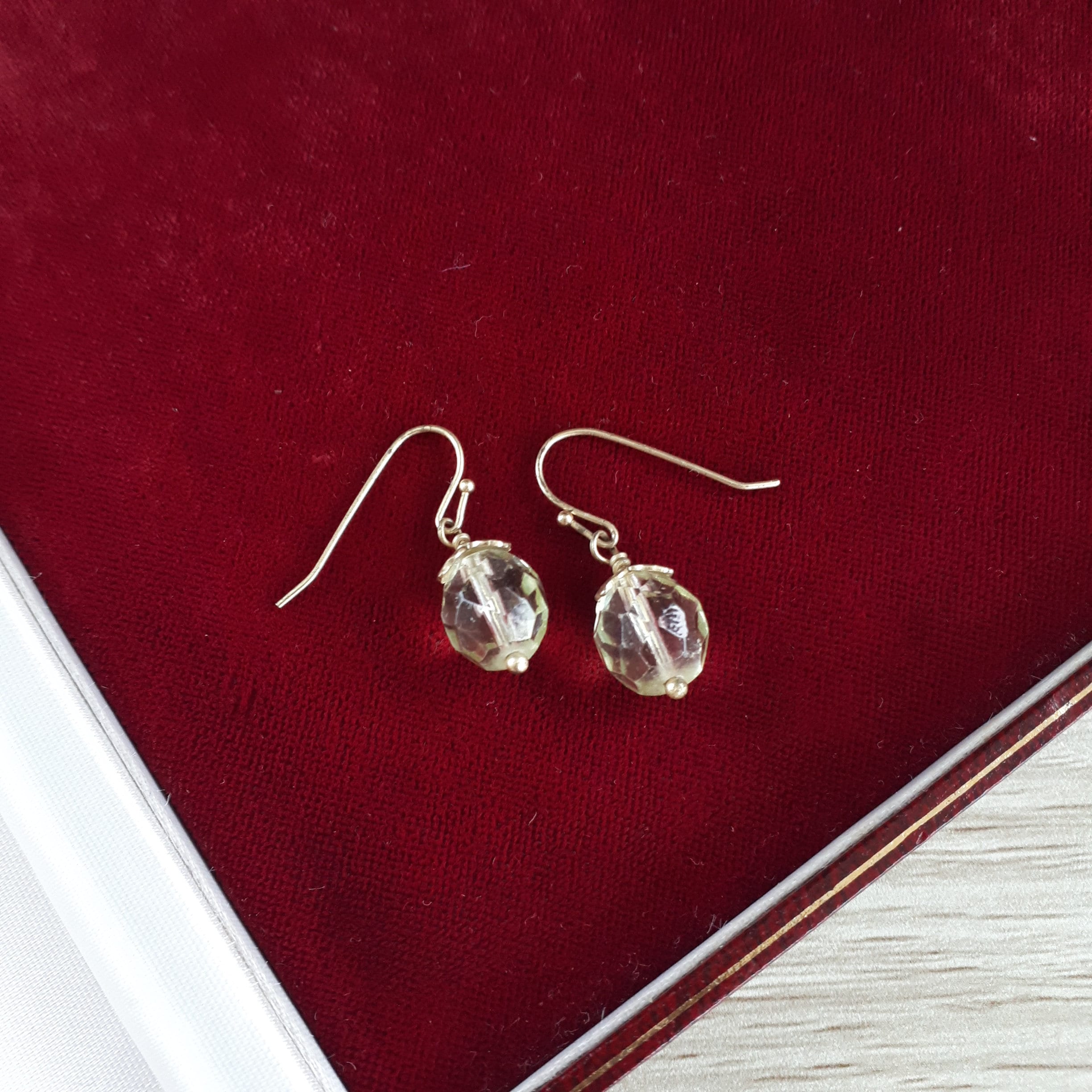 PALE YELLOW EARRINGS, Glass Faceted Beads, Gold Toned Dangle Drop Hooks, Upcycled Handmade