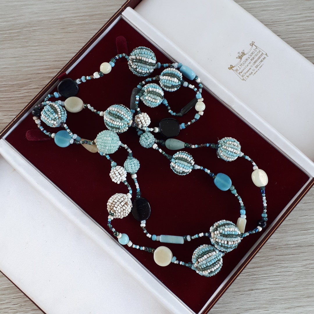 VINTAGE BEADED NECKLACE Long Glass Blue White Seed Bead Ball Etsy UK