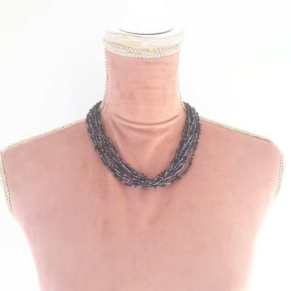 Vintage 80s Black Multi-strand Glass Beaded Neckl… - image 2