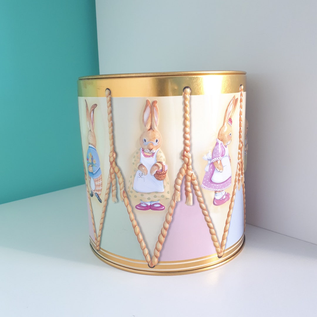 Sadter Rabbit Tin Vintage Easter Rabbit Tin, Bunny Easter Egg Drum Design, Pastel Yellow ...